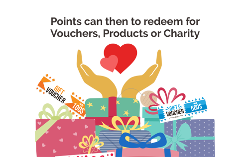 Redeem for Household products, vouchers, or charity donation